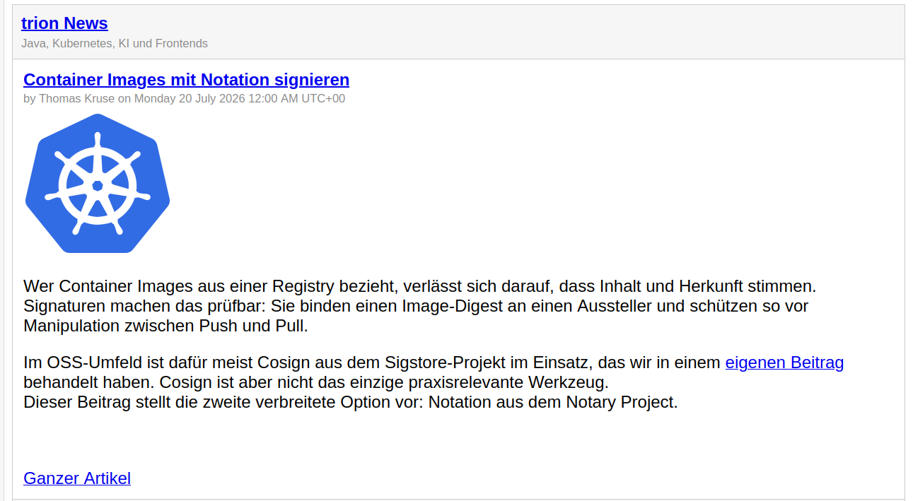 Benachrichtigung von Feedrabbit: Kopfzeile trion News, direkt darunter der Beitrag mit Titel, Datum und Text, ohne Werbung.