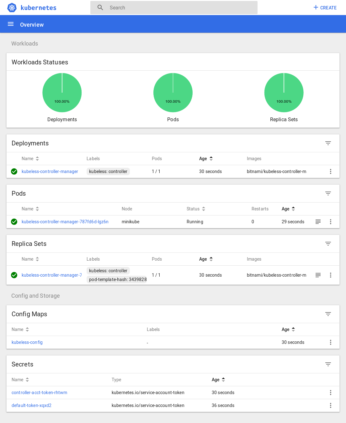 Kubeless Resourcen im Kubernetes Dashboard