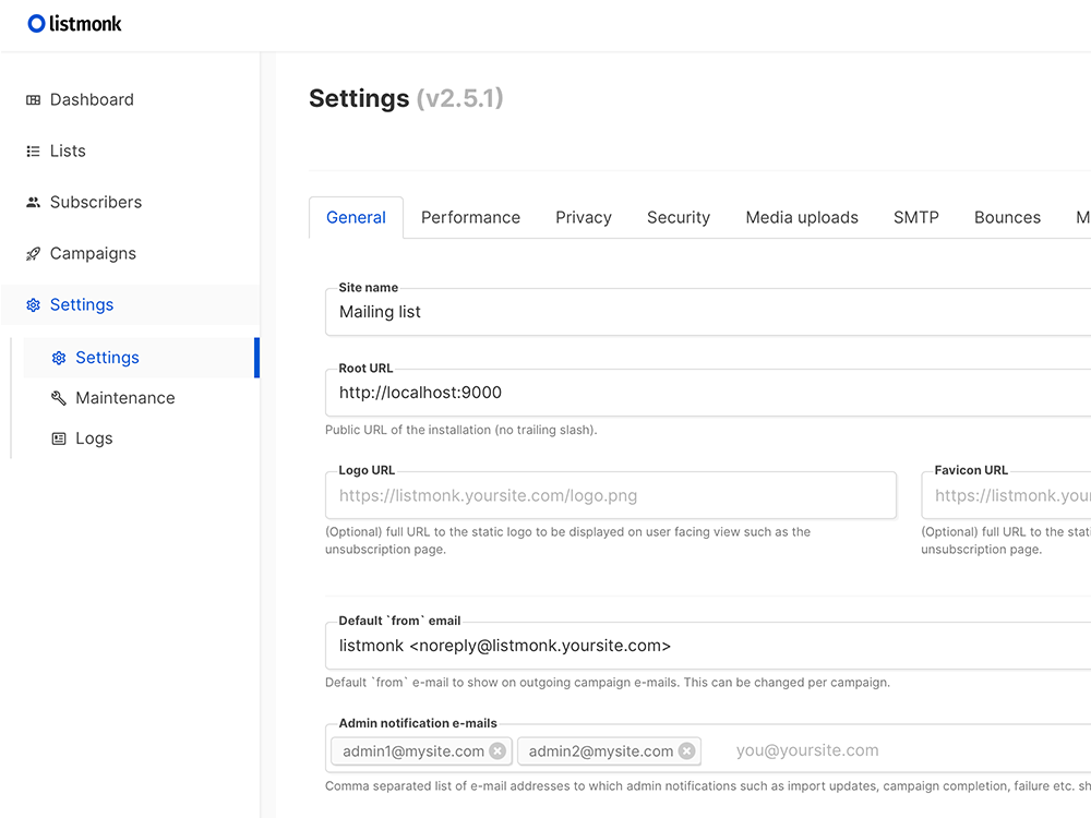 Settings von Listmonk