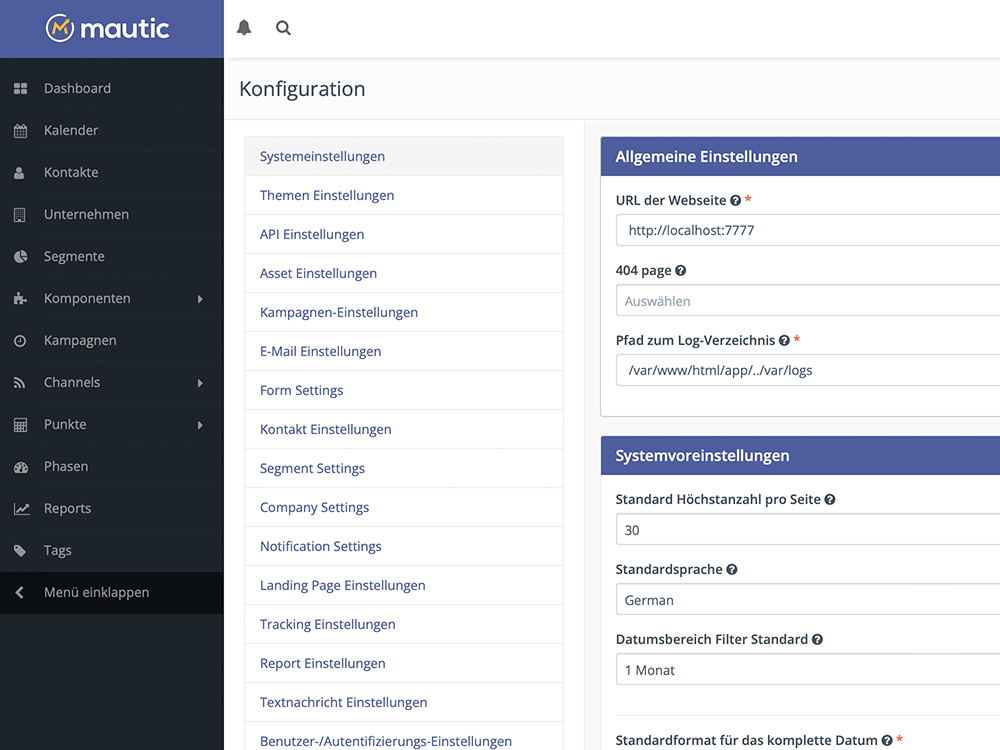 Settings von Mautic