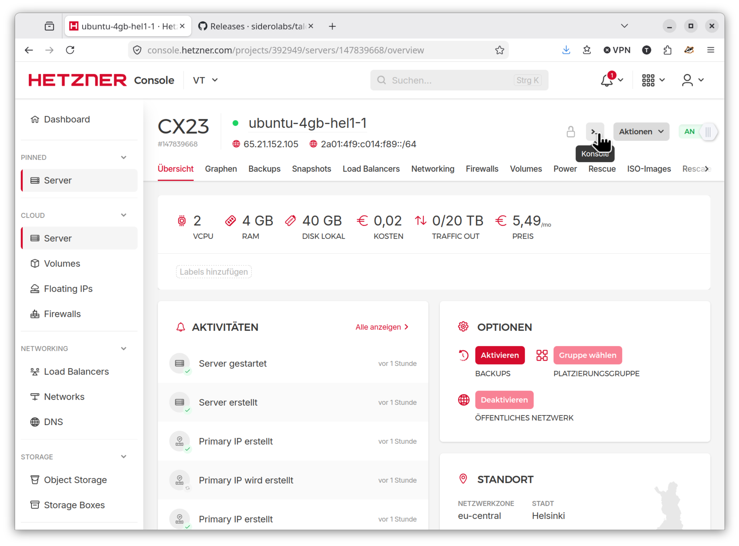 Weboberfläche der Hetzner Cloud