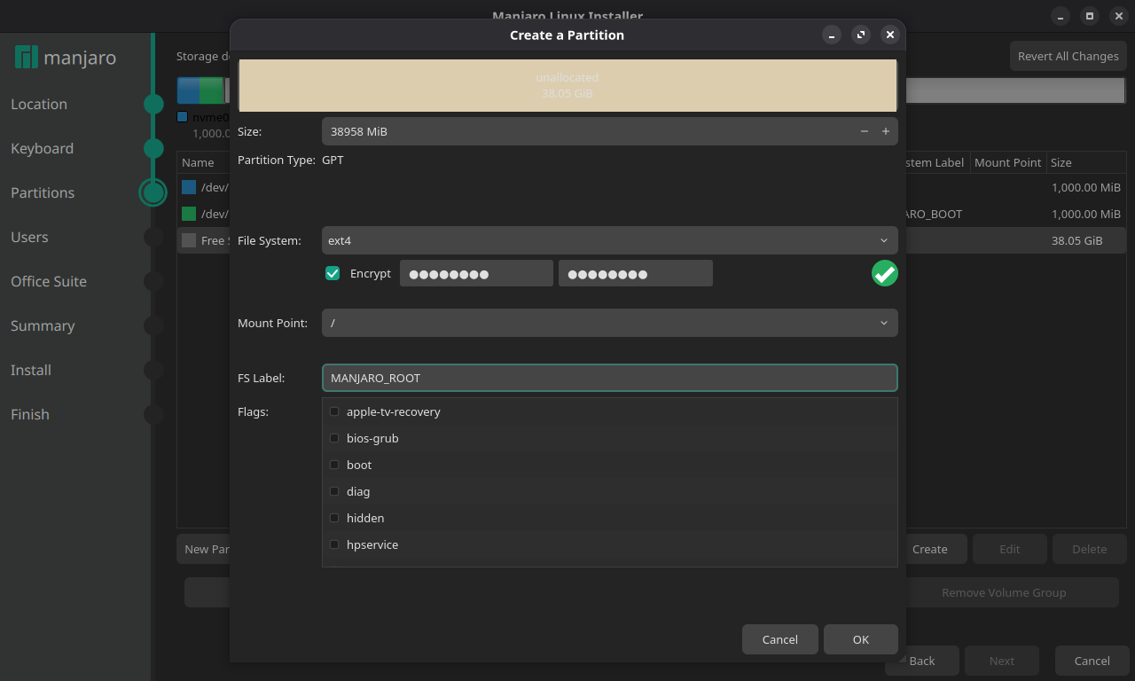 Calamares Dialog Create a Partition mit ext4, aktivierter Encrypt-Option und Mount Point /
