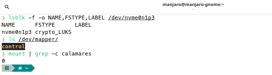 lsblk zeigt crypto_LUKS ohne Kindeintrag, /dev/mapper enthält nur control, kein Zieldateisystem eingehängt