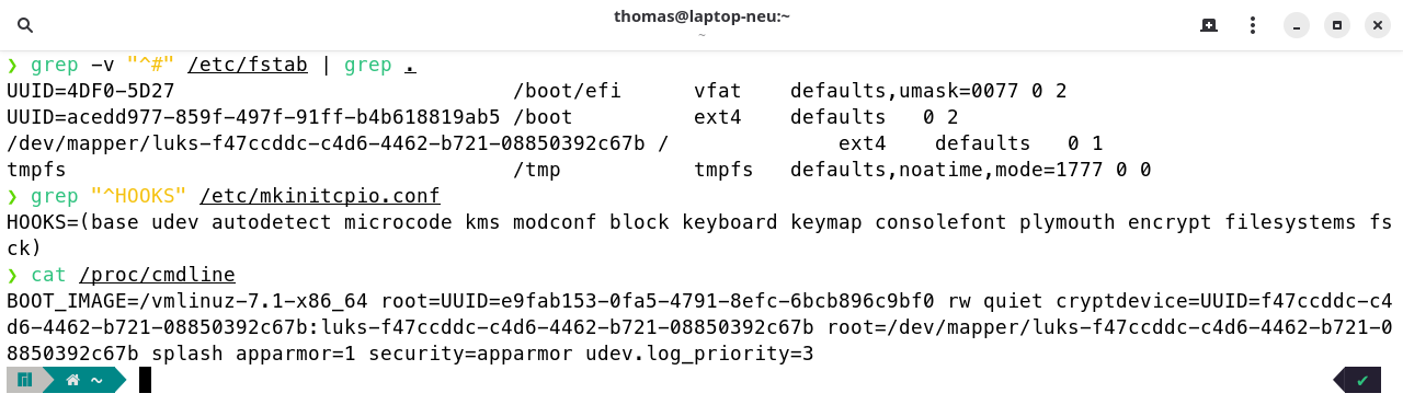 fstab mit Mapper-Gerät als Wurzel, HOOKS mit encrypt und cryptdevice auf der Kernel-Kommandozeile