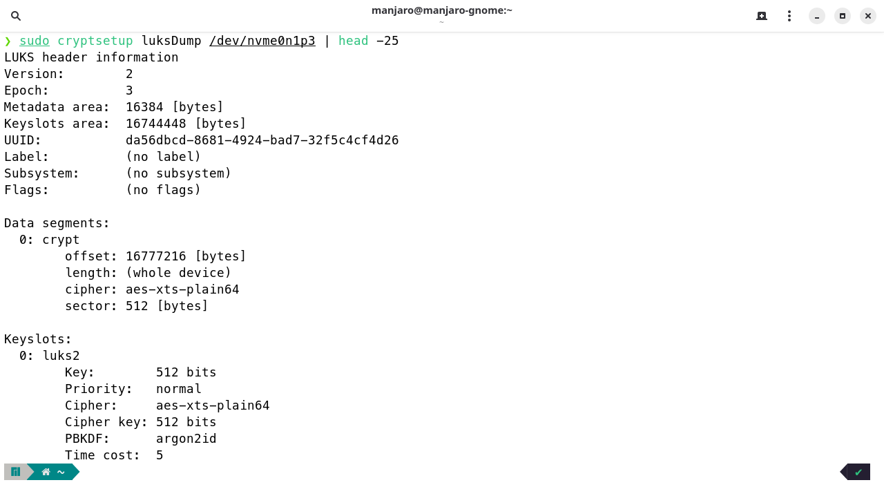 cryptsetup luksDump zeigt Version 2, aes-xts-plain64 und PBKDF argon2id