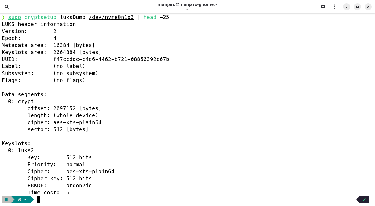 cryptsetup luksDump zeigt Version 2, aes-xts-plain64 und PBKDF argon2id