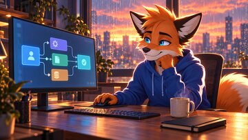 Illustration: Fuchs im blauen Hoodie am Schreibtisch vor einem Monitor mit Agenten-Workflow